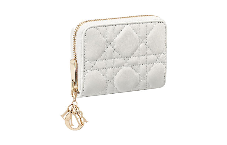 DIOR Lady Dior Sheepskin Wallet Small Size Women's Milk White