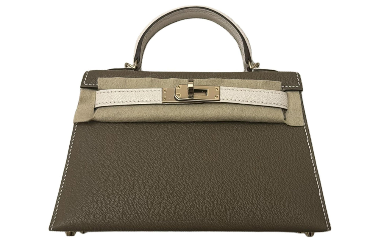 HERMES Mini Kelly 2nd Generation Goatskin Kelly Handbag, Crossbody Bag Mini Women's Galaxy Gray & Glacier White