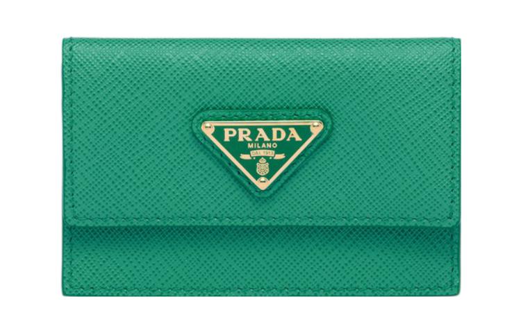PRADA Saffiano Leather Card Clip Card Holder Women's Green