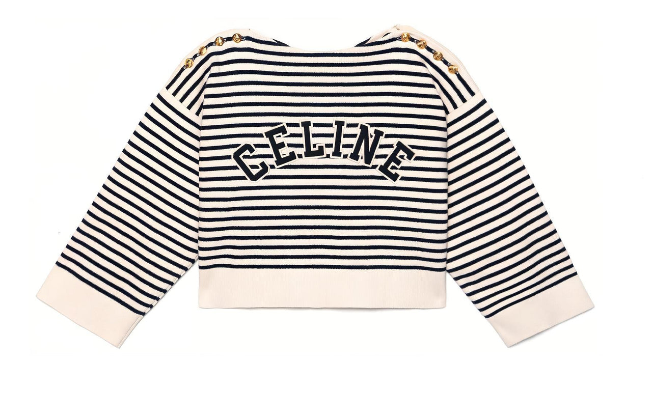 CELINE Women's Embroidered Mariniere In Cotton Knit Cream/Navy