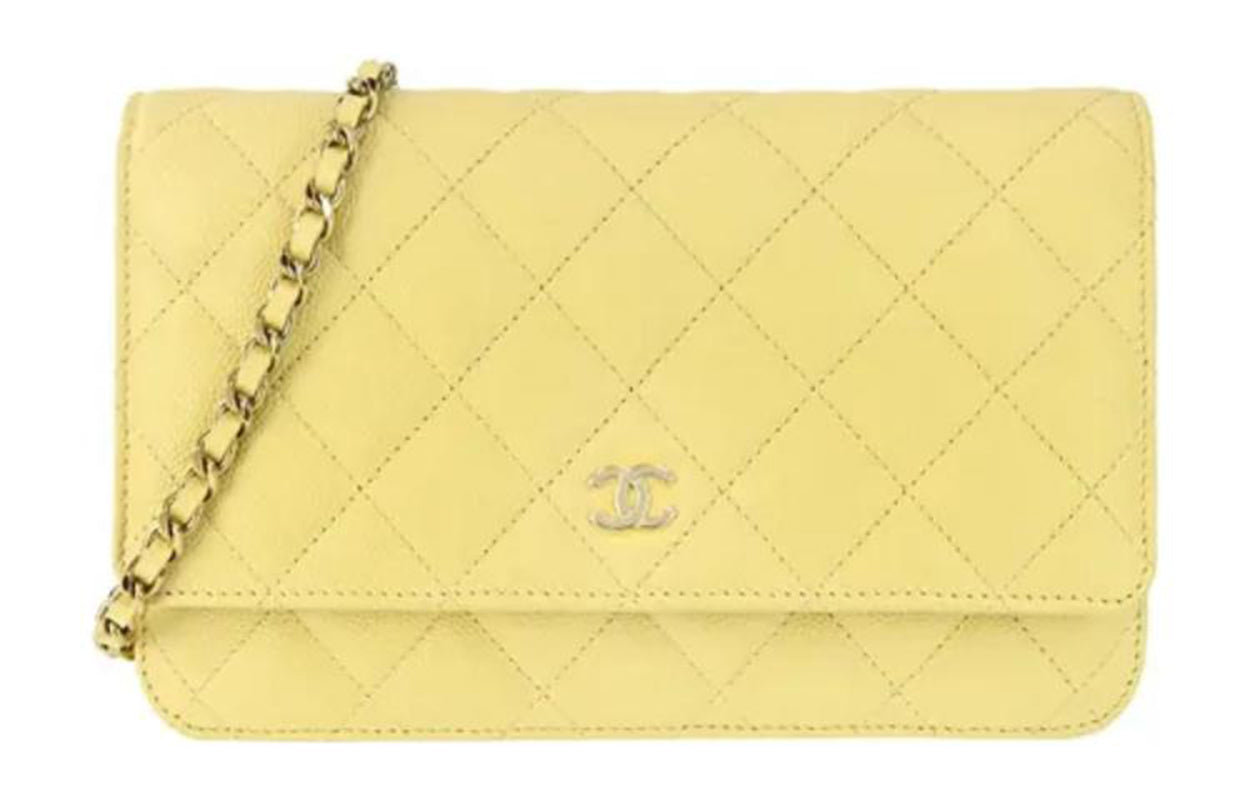 CHANEL Embossed Shiny Calfskin Shoulder Bag Crossbody Bag Women's Yellow
