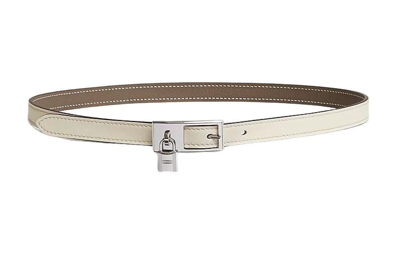 HERMES Iconic Hanging Lock Silver Buckle Epsom Calfskin Double Sided Belt Women's Cream White/Elephant Gray Width 1.5CM
