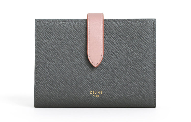 CELINE Grained Calfskin Wallet Medium Size Women's Gray, Pink & Multicolor