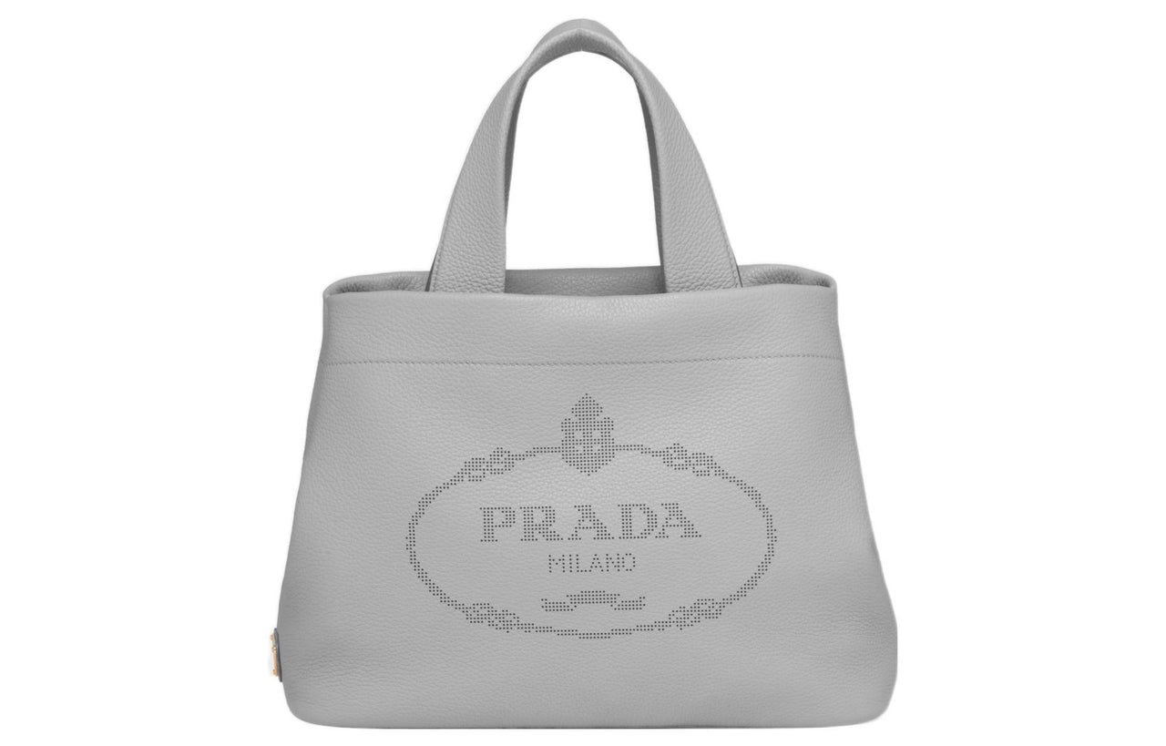 PRADA Leather Tote Bag Shopping Bag Handbag Medium Size Women's Gray