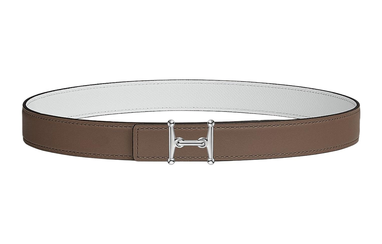 HERMES Mors H Silver Buckle Epsom Calfskin Double-Sided Leather Belt Women's Elephant Gray/White Width: 2.4cm