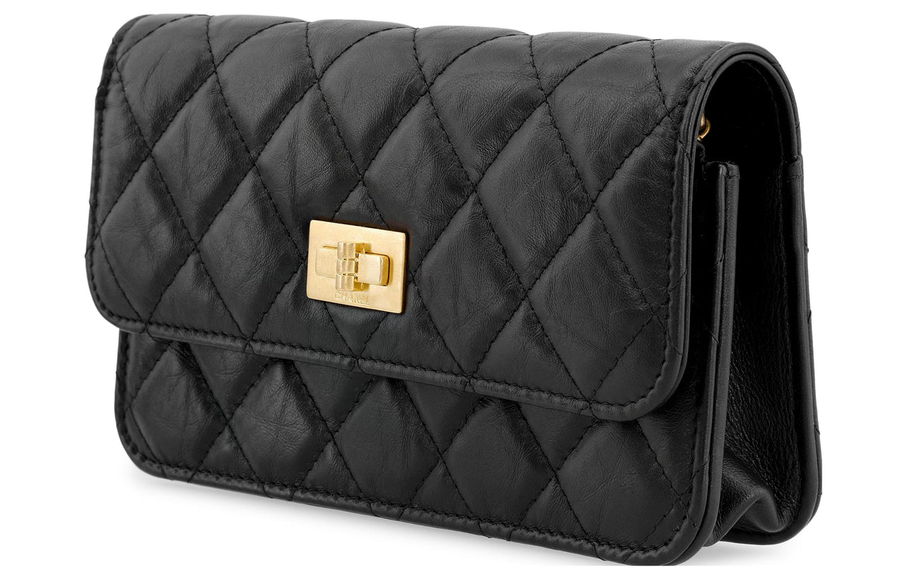 CHANEL 2.55 Cow Leather Snaps Bag Cell Phone Pouch Shoulder Bag Crossbody Bag Small Size Women's Black
