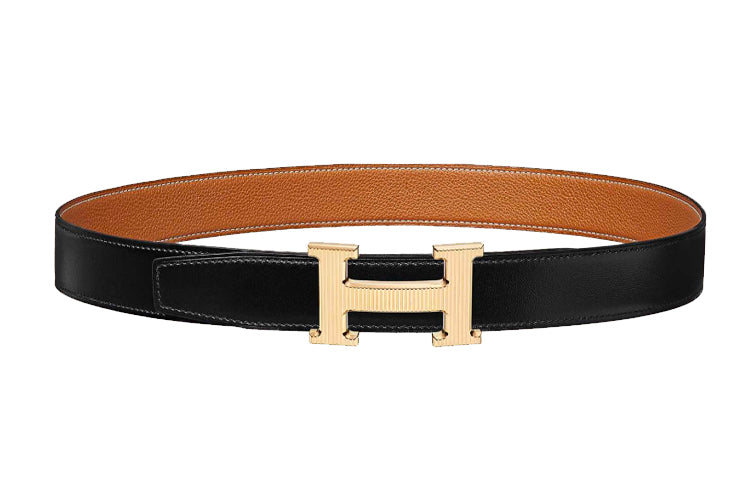 HERMES H Stripes Gold Buckle Togo Calfskin Double-Sided Leather Belt Unisex Black/Gold Width: 3.2cm