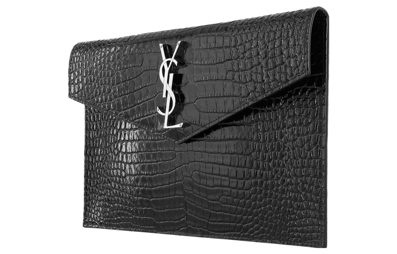 SAINT LAURENT Uptown Pouch Shiny Crocodile Look Leather Black