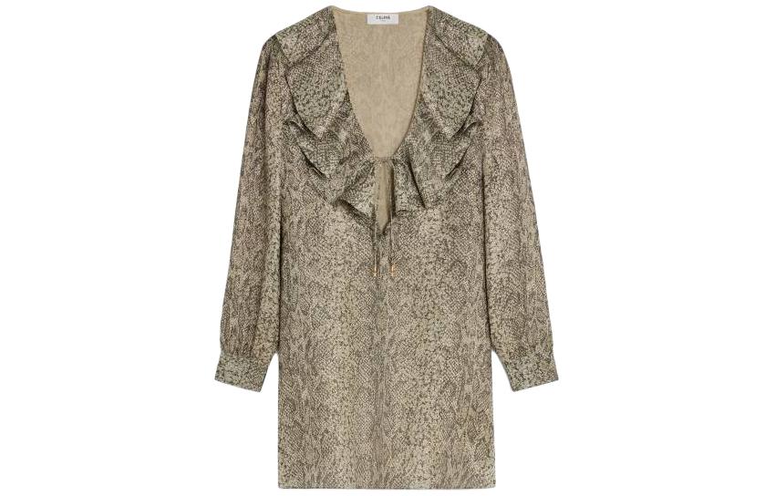 CELINE Jabot Mini Dress In Crepe Lamé Long-Sleeved Dresses Women's Chestnut