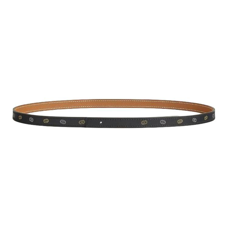 HERMES Print Design Calfskin Leather Belts Women's Black/Gold Width: 1.3cm