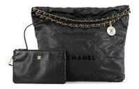 CHANEL 22Bag Grain Cow Leather Bucket Bag Handbag Shoulder Bag Medium Size Women's Black