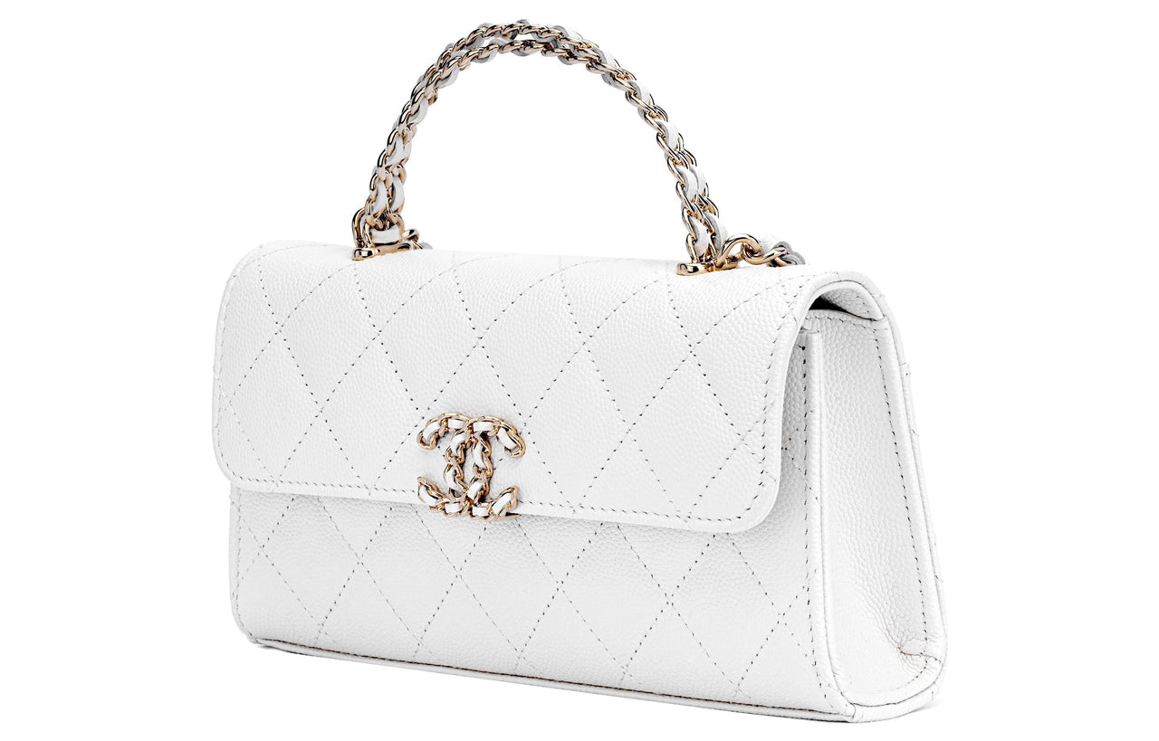 CHANEL Grain Embossed Cow Leather Flap Bag, One Shoulder Handbag, Crossbody Bag Large Size Women's White