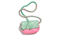 CHANEL Shiny Lambskin Flap Bag Shoulder Bag Crossbody Bag Mini Women's Light Green/Pink/Red