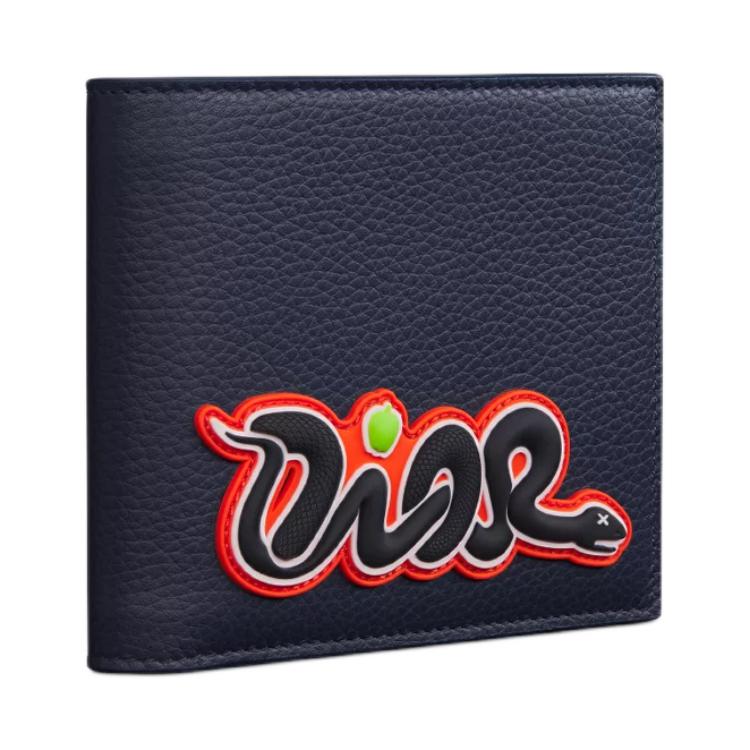DIOR KAWS Collaboration Cow Leather Wallet Unisex Blue