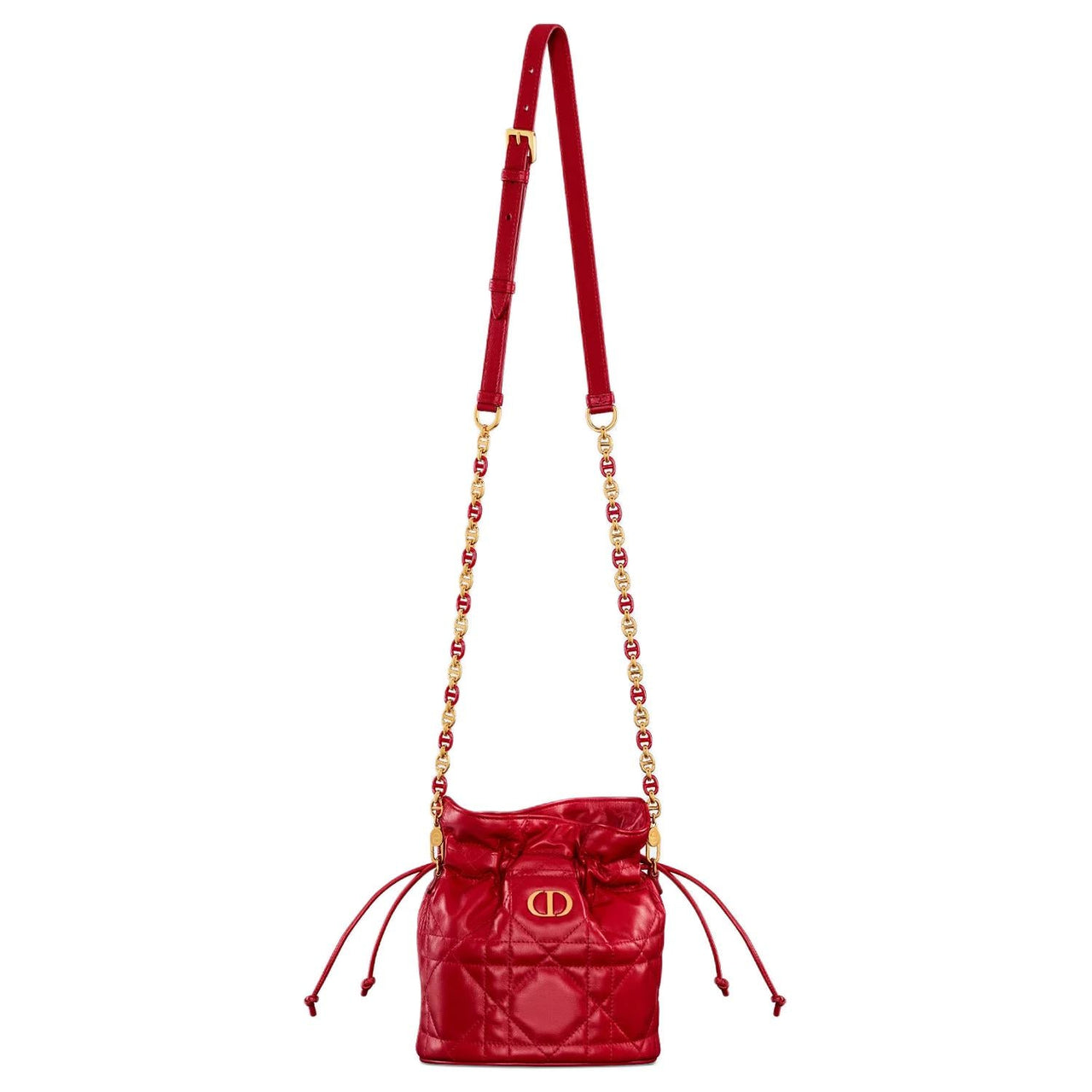 DIOR Miss Caro Sheepskin Cow Leather Patchwork Bucket Bags Shoulder Bags Mini Women's Pomegranate Red