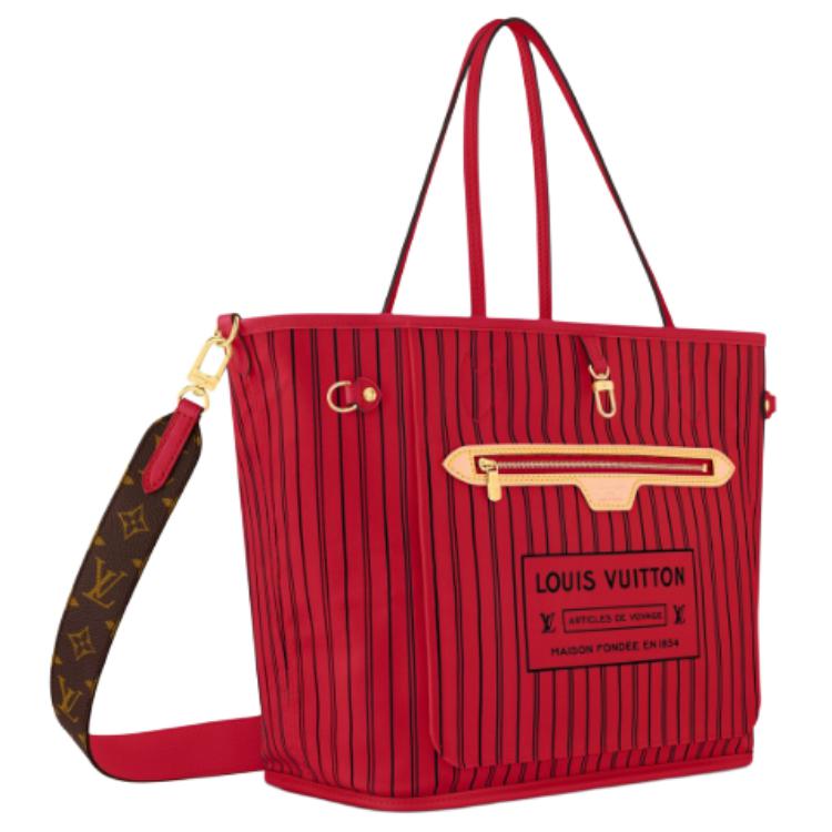LOUIS VUITTON NEVERFULL Leather Trim Tote Bag, Shopping Bag, Handbag Medium Size Women's Red