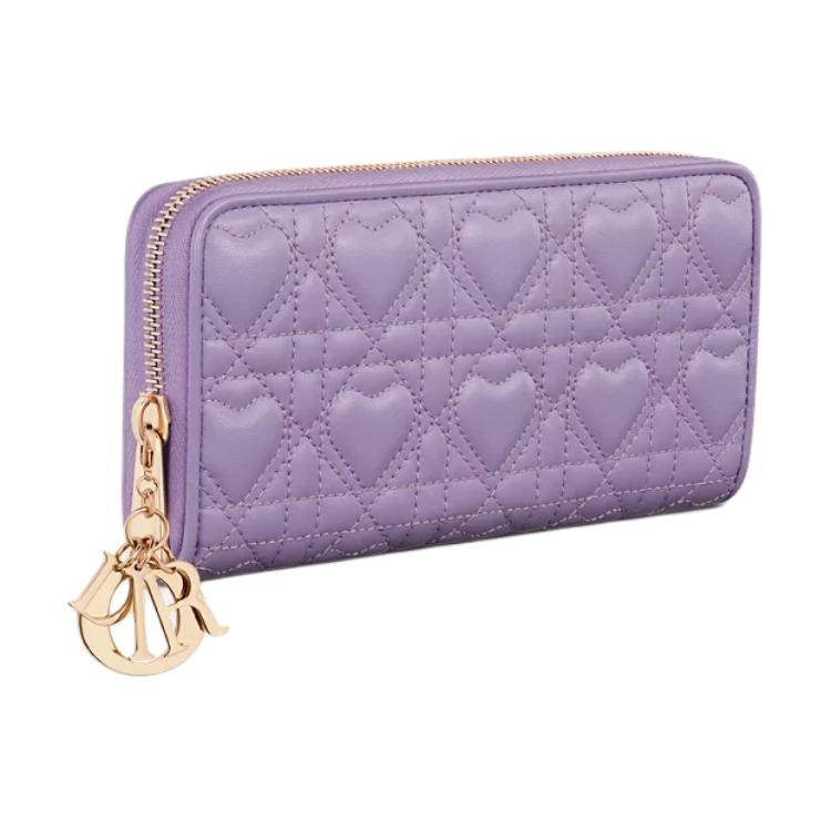 DIOR Lady Dior Heart Shaped Vine Pattern Lambskin Wallet Women's Light Purple