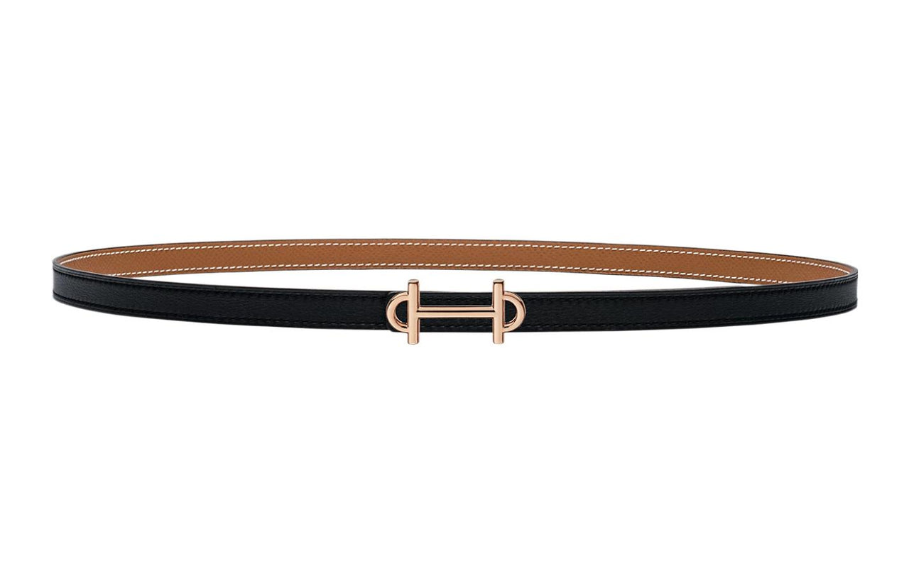HERMES Double-Sided Gamma Gold Buckle Epsom Calfskin Double-Sided Leather Belt Women's Black Width: 1.3cm