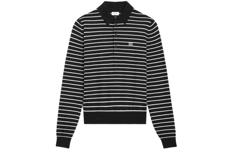 CELINE Striped Triomphe Polo In Fine Wool Polo Shirt Men's Black