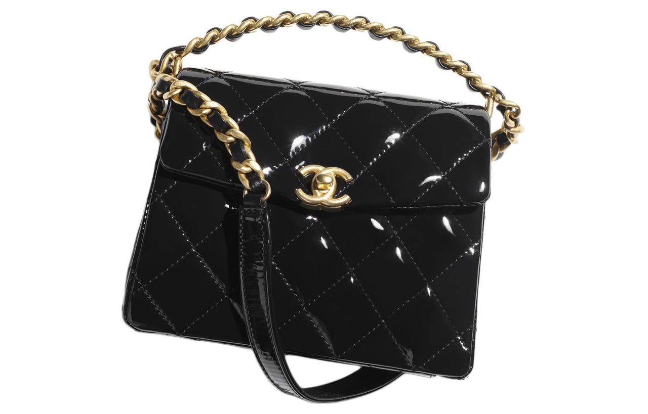 CHANEL Patent Leather Calfskin Zipper Closure Bag Shoulder Bag Crossbody Bag Handbag Mini Women's Black