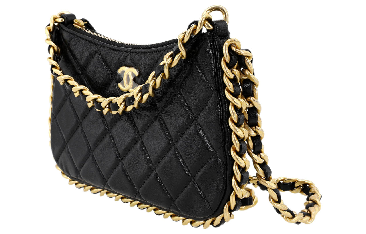 CHANEL Lambskin Hobo Bag Handheld Handbag Shoulder Bag Crossbody Bag Small Size Women's Black