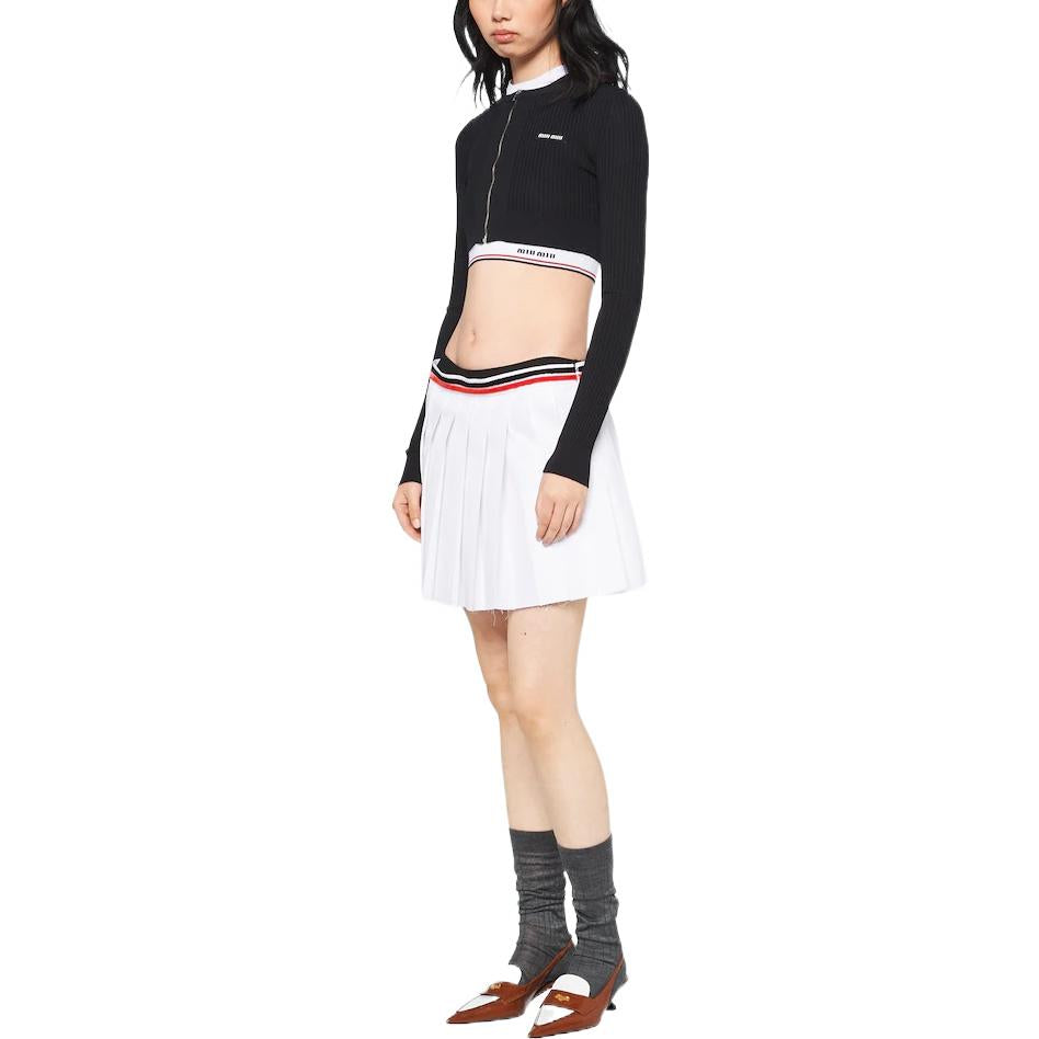 MIU MIU Logo Intarsia Pleated Mini Skirt