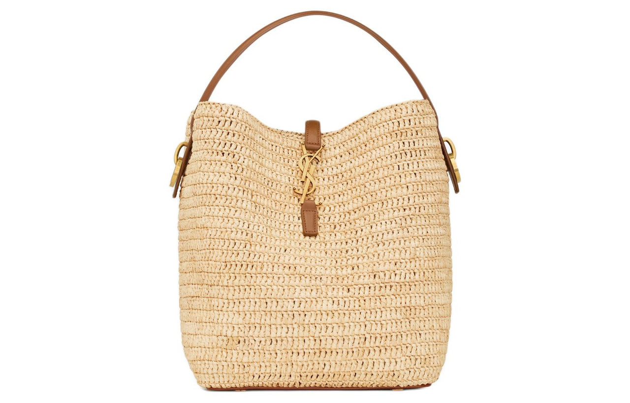 SAINT LAURENT Raffia With Calfskin Portable Crossbody Bag, Shoulder Bag Women's Natural & Brick Red