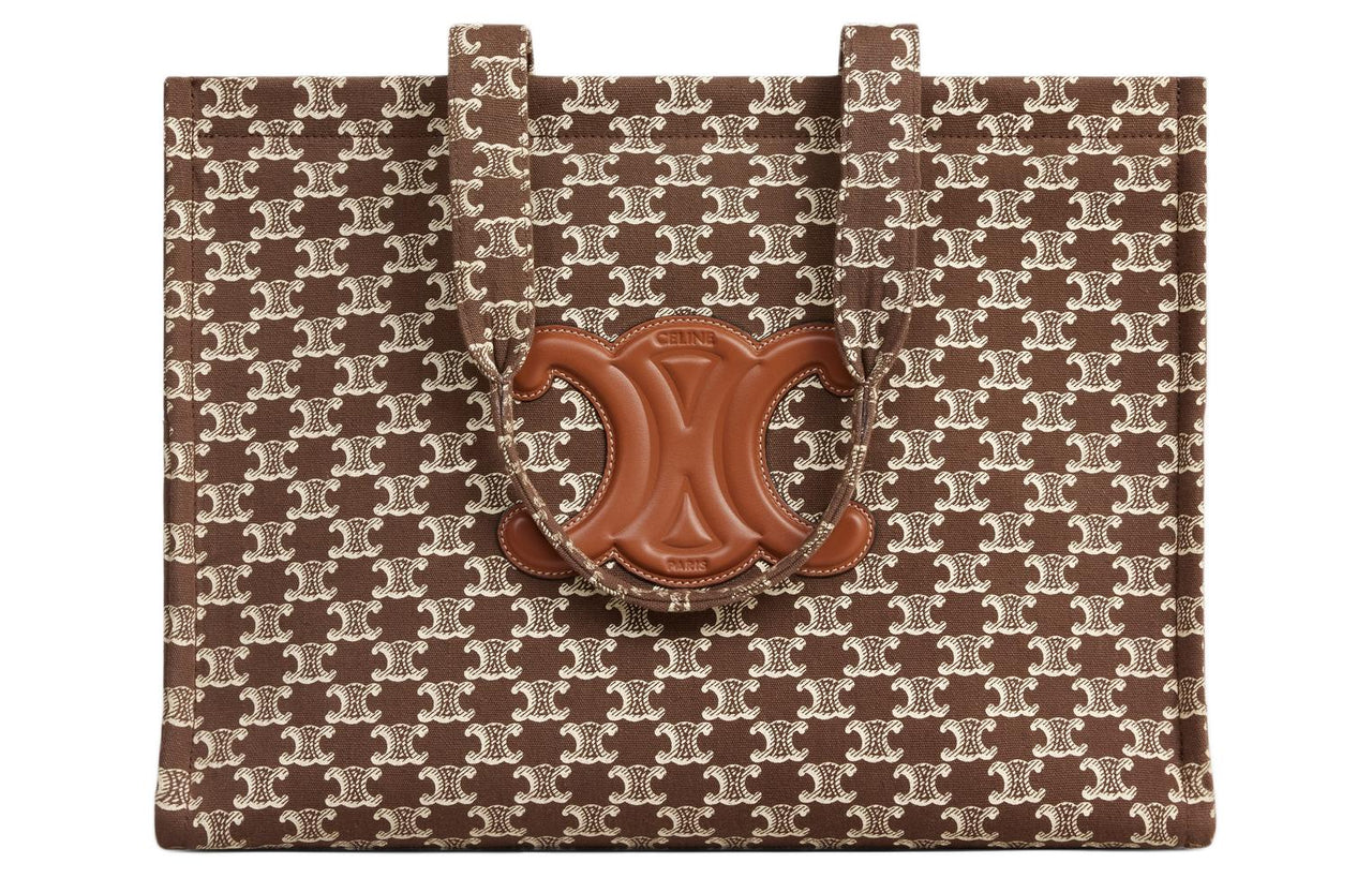 CELINE Cabas Thais Fabric With Calfskin Tote Bag Shopping Bag Shoulder Bag Handbag Large Size Women's Brown
