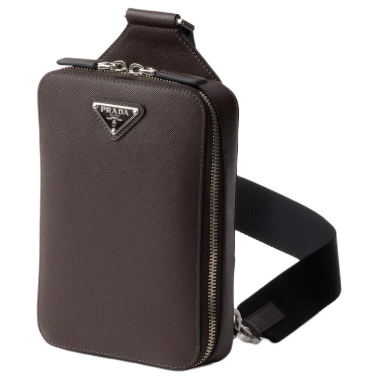 PRADA Brique Leather Sling Bag Men's Coffee