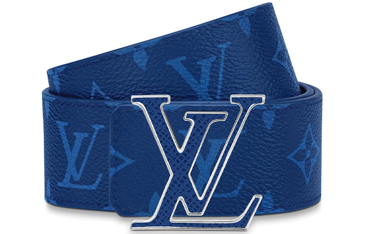 LOUIS VUITTON LV Initiales Double-Sided Smooth Buckle Cow Leather Canvas Leather Belts Men's Blue Width: 4cm