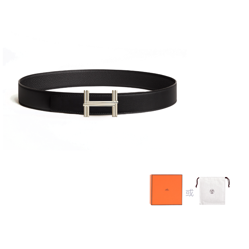 HERMES Brass Metal Leather Calfskin Leather Belts Men's Black Width: 3.8cm