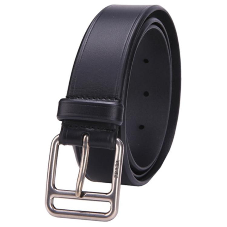 PRADA Carving Badge Cow Leather Leather Belts Men's Black
