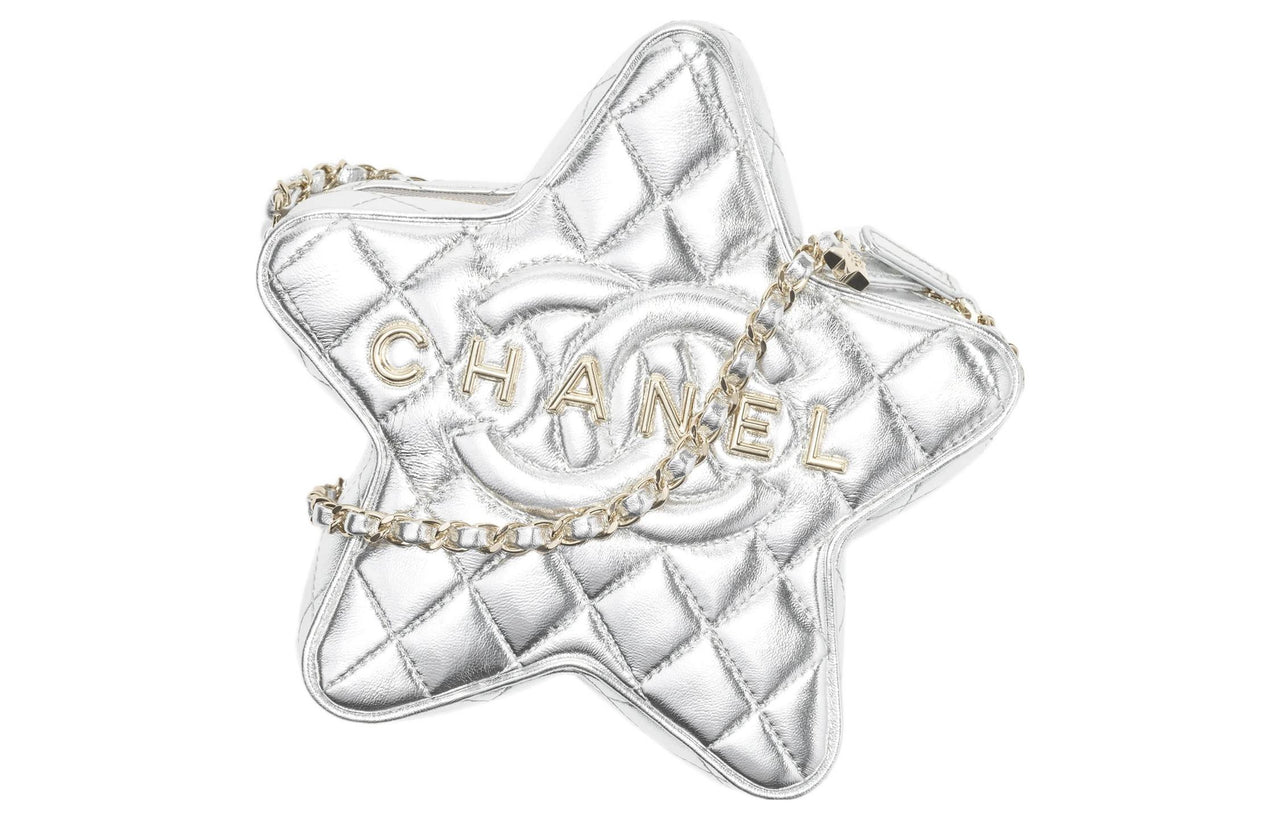 CHANEL Sheepskin Star Single Shoulder Crossbody Clutch Regular Women's Silver