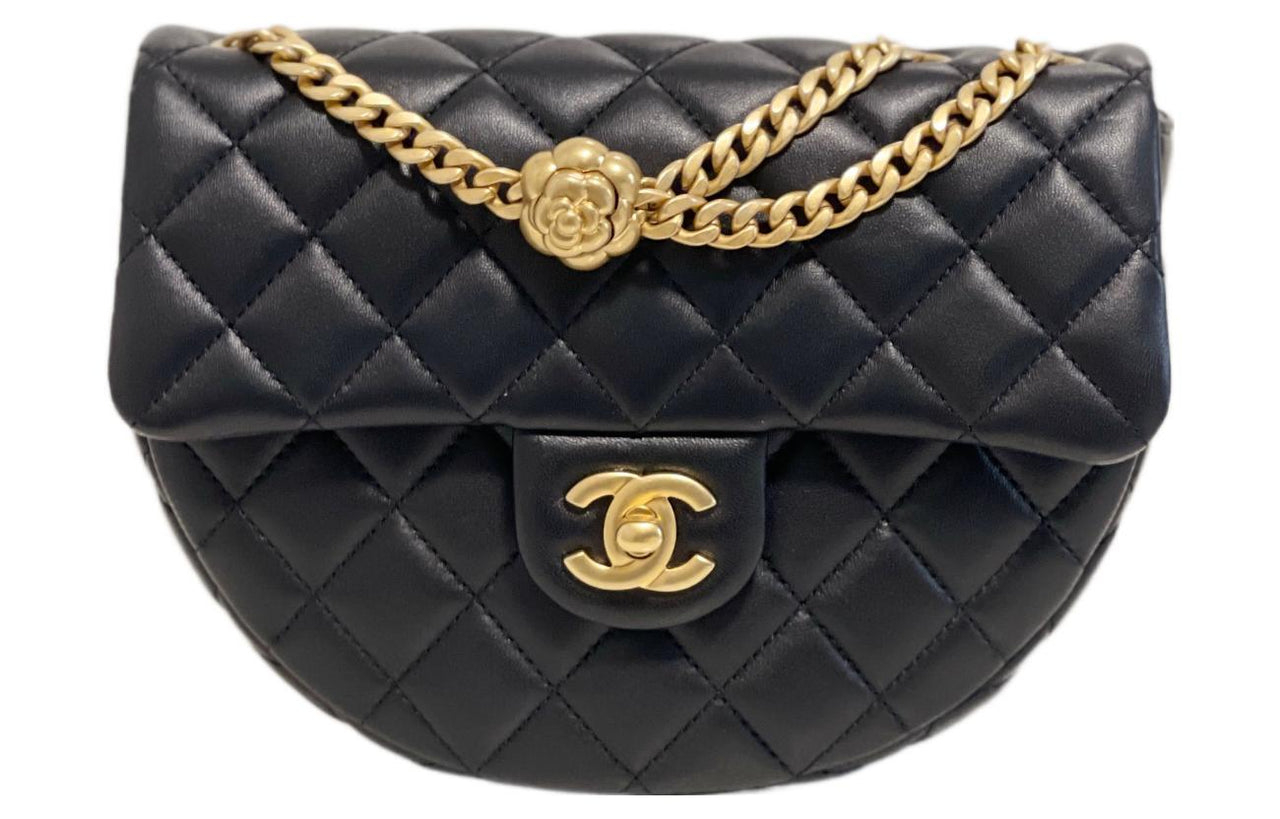 CHANEL Lambskin Half Moon Messenger Bag Saddle Bag Chain Shoulder Bag Crossbody Bag Small Size Women's Black