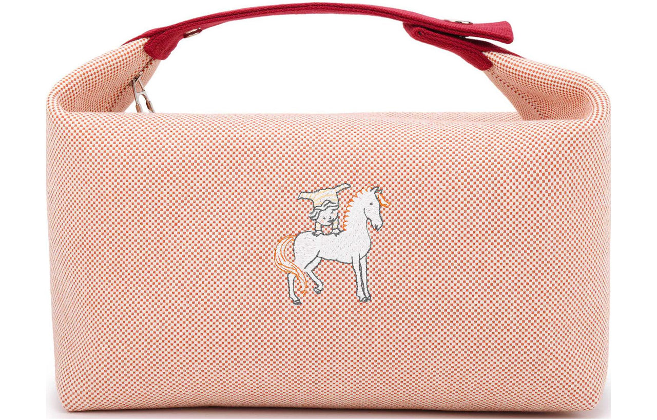 HERMES Bride-a-Brac Polyester Canvas Bag Lunch Boxes With Storage Unisex Orange Red