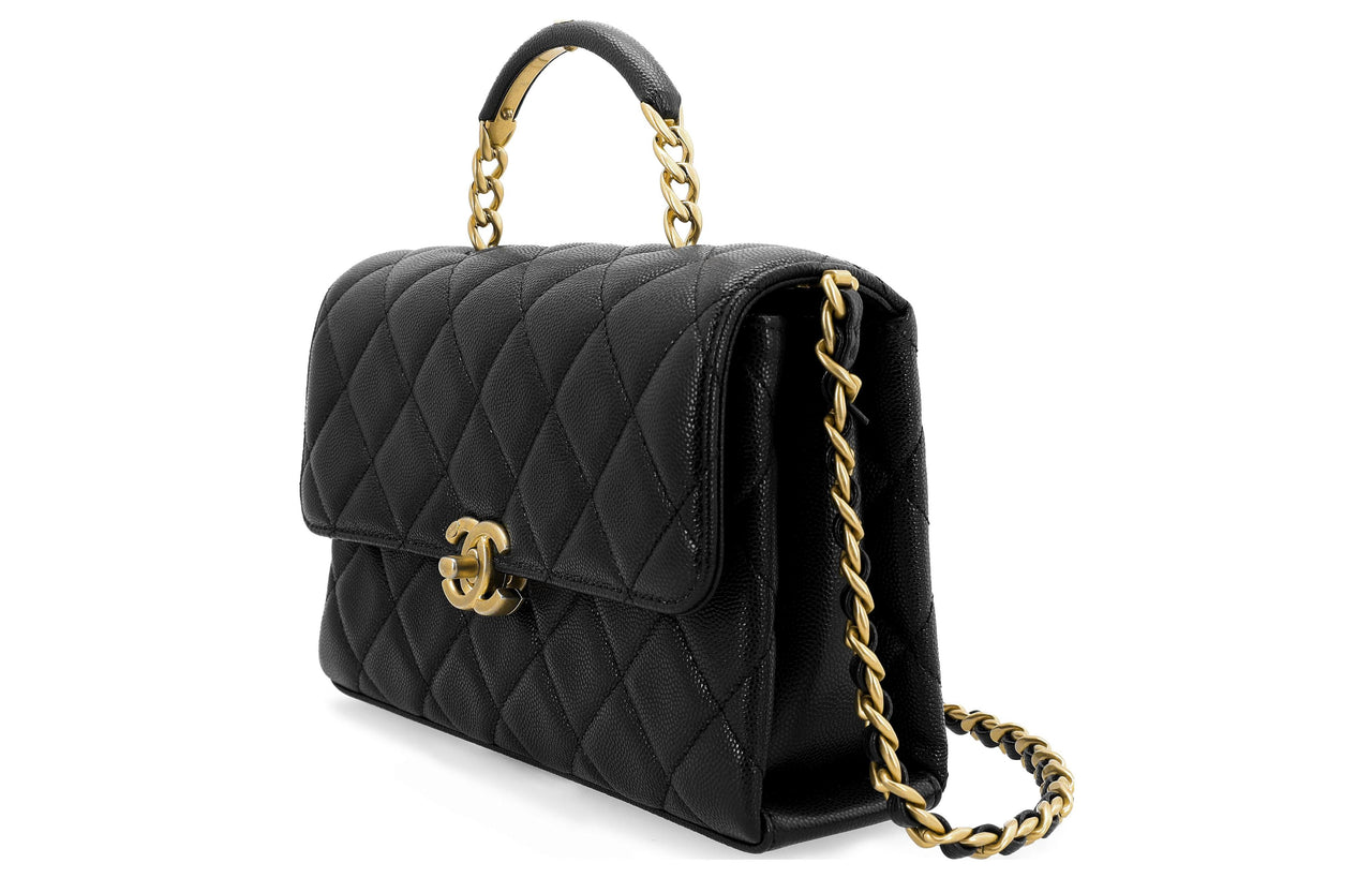 CHANEL Embossed Calfskin With Grains Handbag Shoulder Bag Crossbody Bag Small Size Women's Black