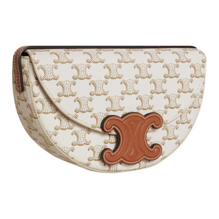 CELINE BesaceTriomphe Canvas-paneled Calfskin Trim Saddle Bag Messenger Bag Crossbody Bag Shoulder Bag Women's White