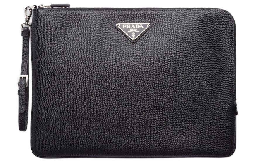 PRADA Leather Clutch Large Size Men's Black