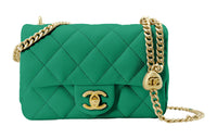 CHANEL 23P SS Grain Embossed Cow Leather Shoulder Bag Crossbody Bag Small Size Women's Green