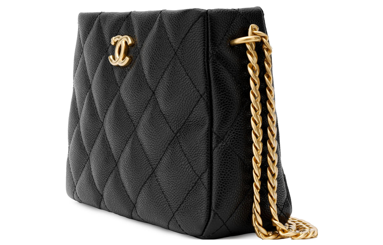 CHANEL Grain Embossed Cow Leather Hobo Bag Tote Bag Shopping Bag Shoulder Bag Crossbody Bag Small Size Unisex Black