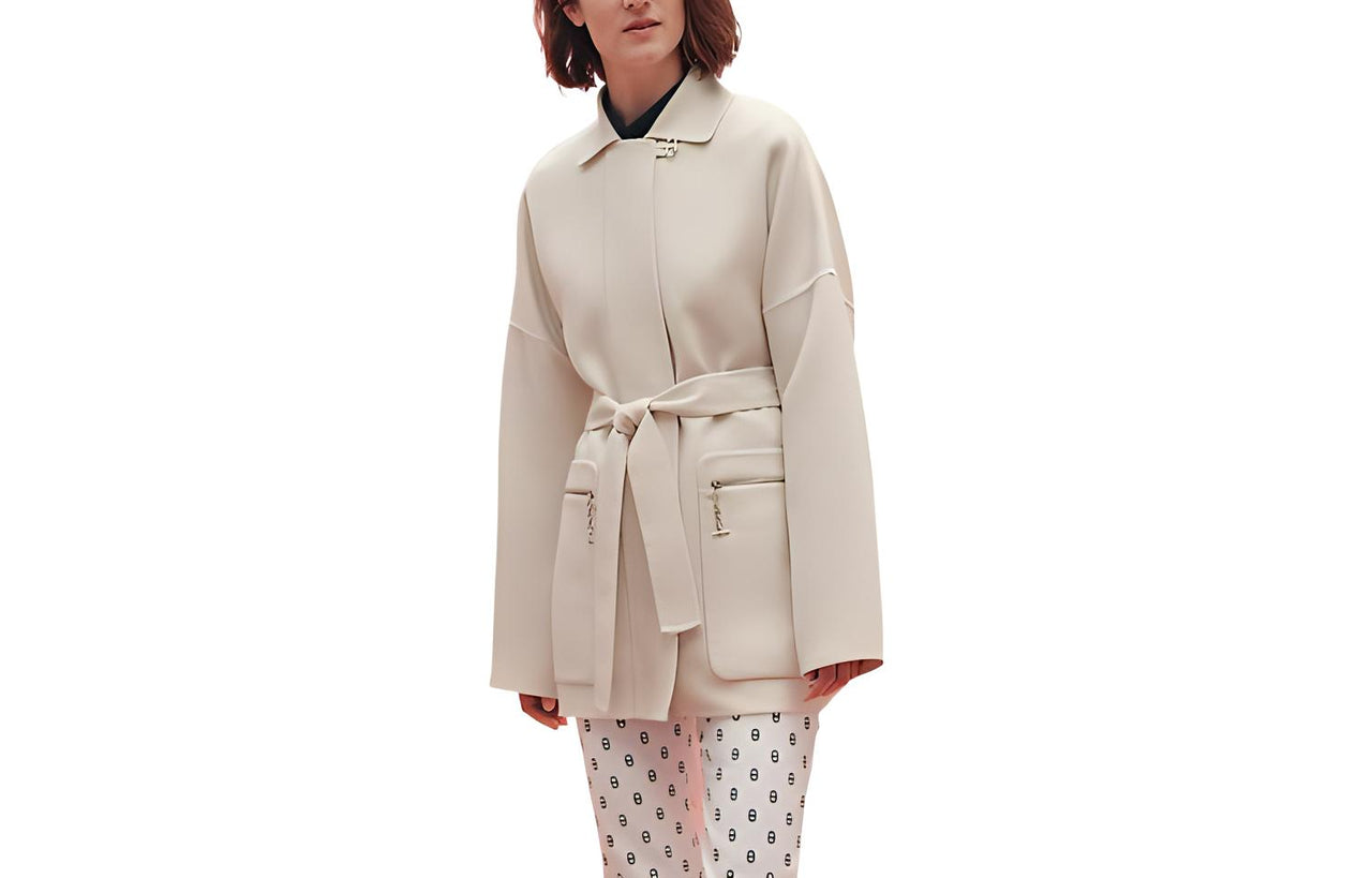 HERMES SS23 Velvet-feel Coat Women's Ecru