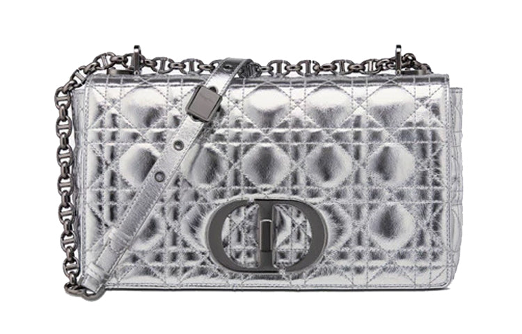DIOR Caro Cow Leather Shoulder Bag, Crossbody Bag Medium Size Silver