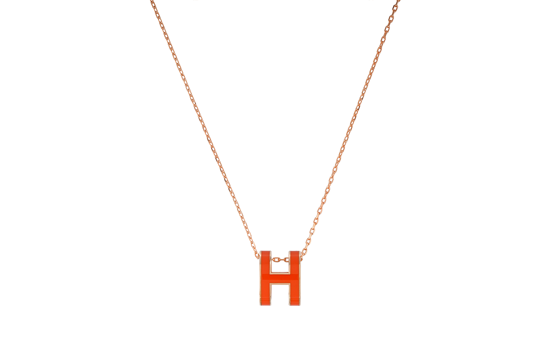 HERMES Gold-Plated Necklaces Women's Graffiti Orange Pendant Rose Gold Chain