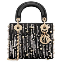 DIOR Lady Dior Resin Beaded Embroidered Satin Tote Bag Shopping Bag Handbag Mini Women's Black