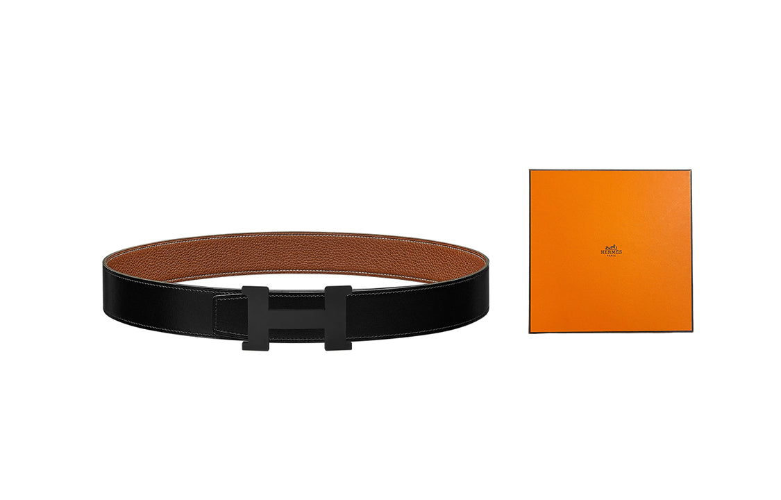 HERMES Togo Calfskin Double-Sided Leather Belt Unisex Black/Gold Width: 3.8cm