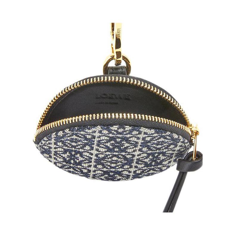 LOEWE Jacquard Fabric With Cow Leather Patchwork Fanny Pack Coin Purse Women's Marine Blue/Black