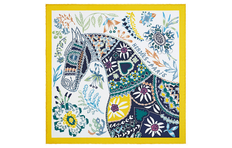 HERMES Silk Scarves Women's Bright Yellow/White/Multicolor