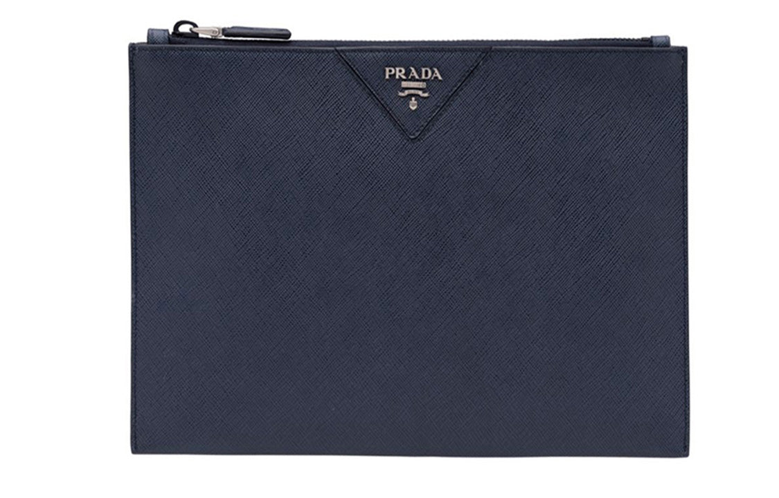 PRADA Cow Leather Clutch Medium Size Men's Dark Blue
