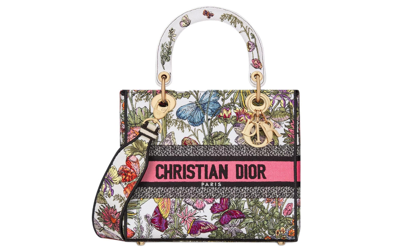 DIOR Lady D-Lite Embroidery Dior Bag Shoulder Bag Crossbody Bag Handbag Medium Size Women's White & Multicolor