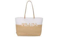 PRADA Raffia Tote Bag Shopping Bag Handbag Regular Women's Tawny/White